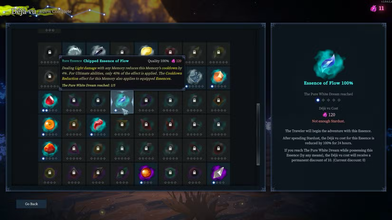 Essence of Flow selected in the Déjà Vu menu, with its Light-damage cooldown effect visible.