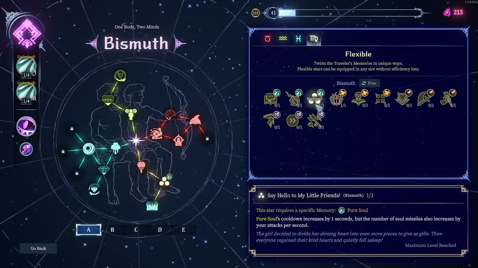 Bismuth's Flexible Stars menu showing Say Hello To My Little Friends and its Pure Soul tooltip.