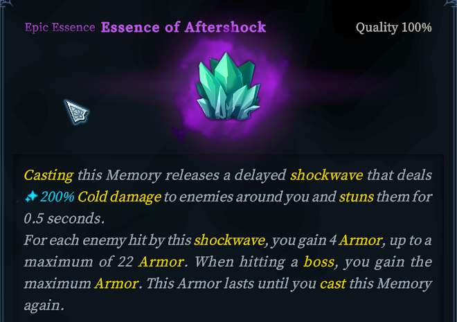 Essence of Aftershock's 100%-quality tooltip showing the delayed Cold shockwave, stun, and armor effect.