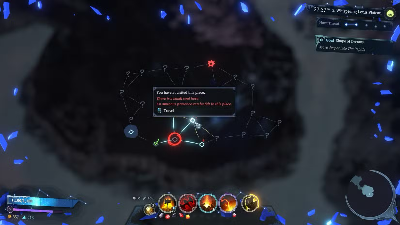 A Whispering Lotus Plateau map node with the message “There is a small soul here.”