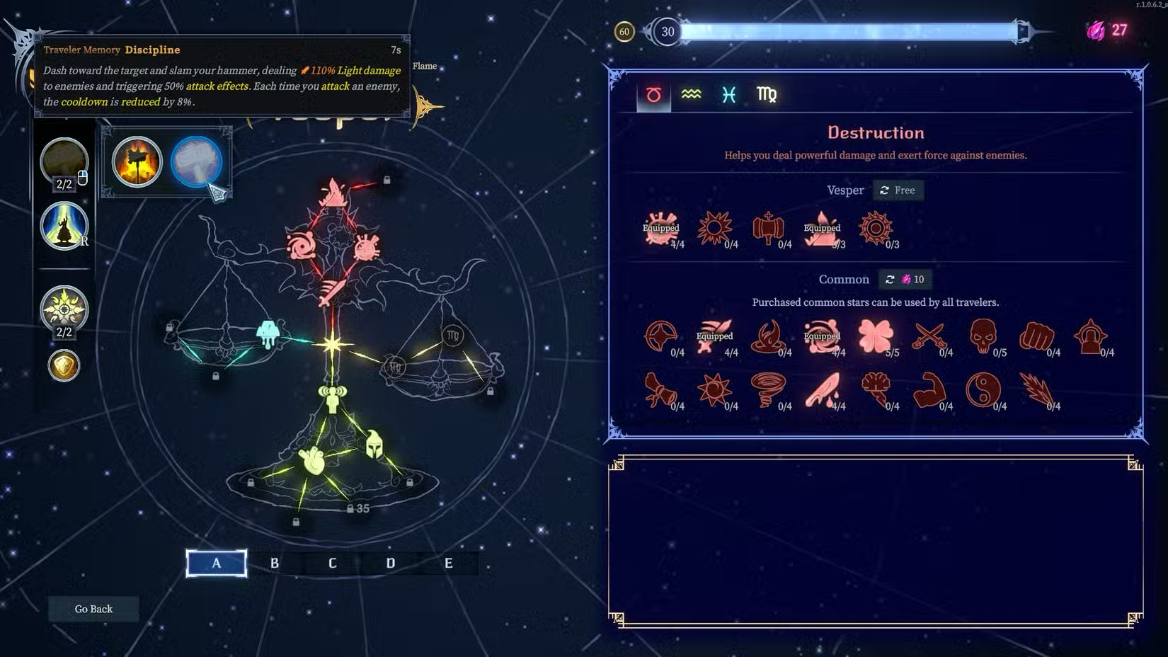 Vesper's Discipline tooltip showing its Light damage, 50% attack effects, and 8% cooldown reduction per attack.