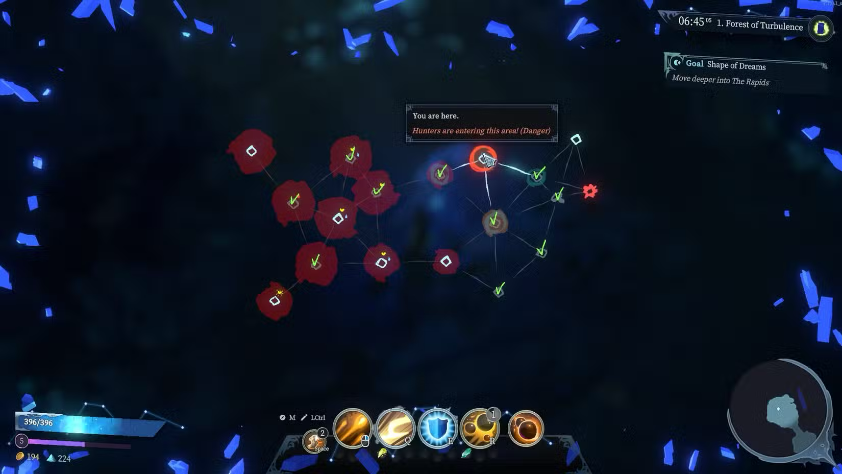 First-biome map with completed nodes, red Hunter territory, and a warning that Hunters are entering the current area.