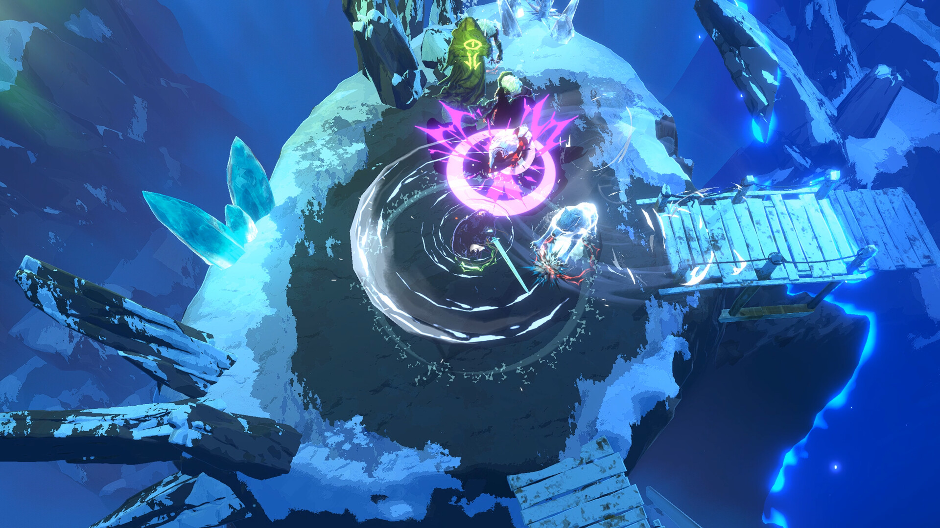 Top-down combat with bright melee effects on an icy platform beside a bridge.